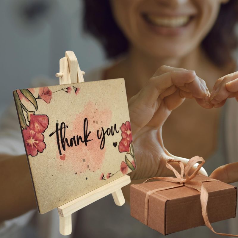 Information graphic from the Amazon listing for tinydabba Wooden Thank You Plaque with Easel