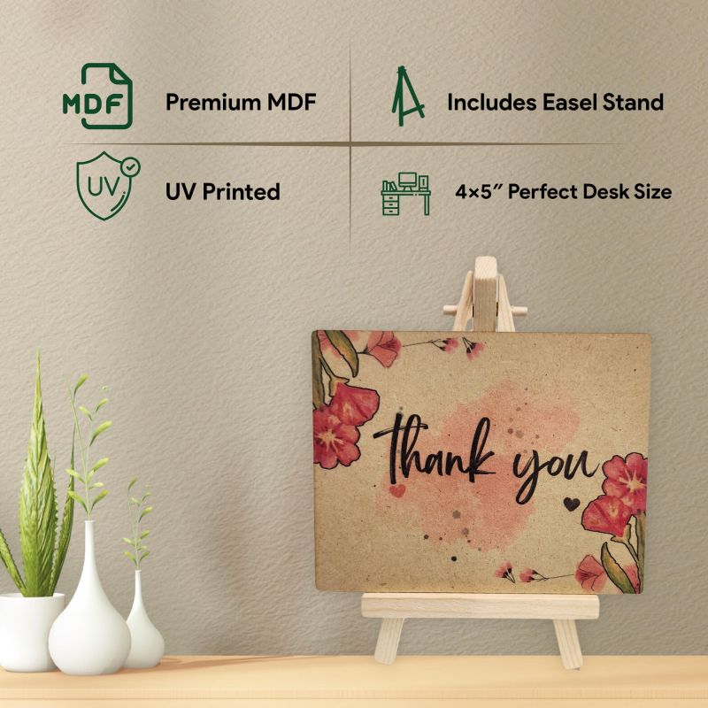 Information graphic from the Amazon listing for tinydabba Wooden Thank You Plaque with Easel