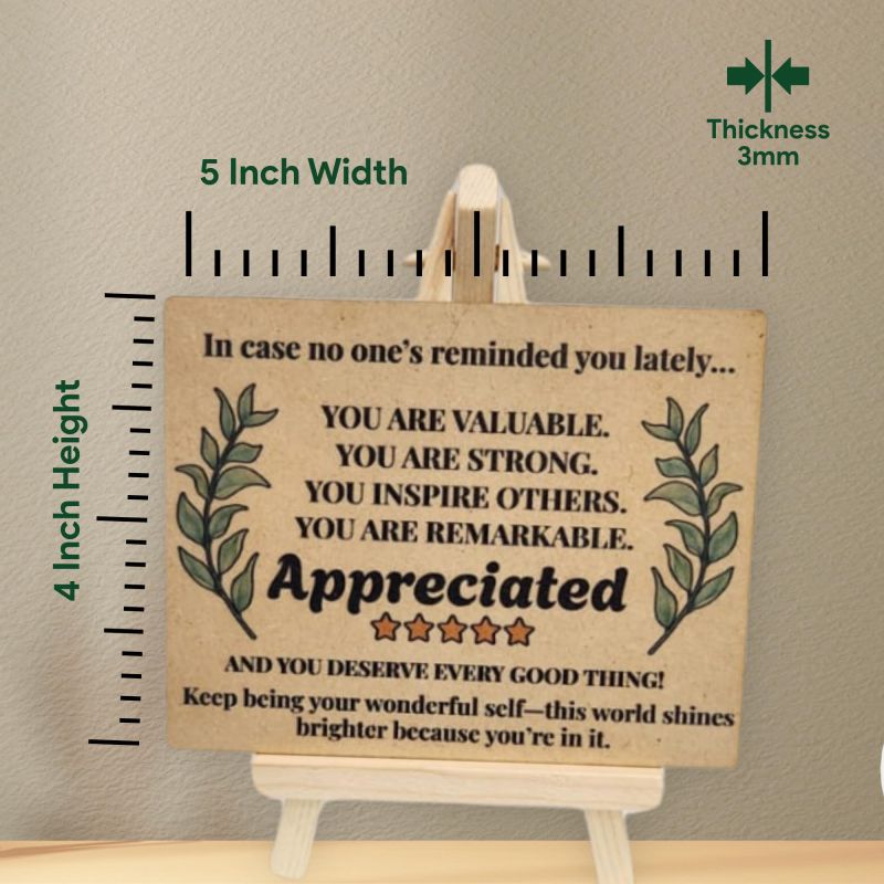 Information graphic from the Amazon listing for tinydabba Wooden Inspirational Desk Plaque with Easel