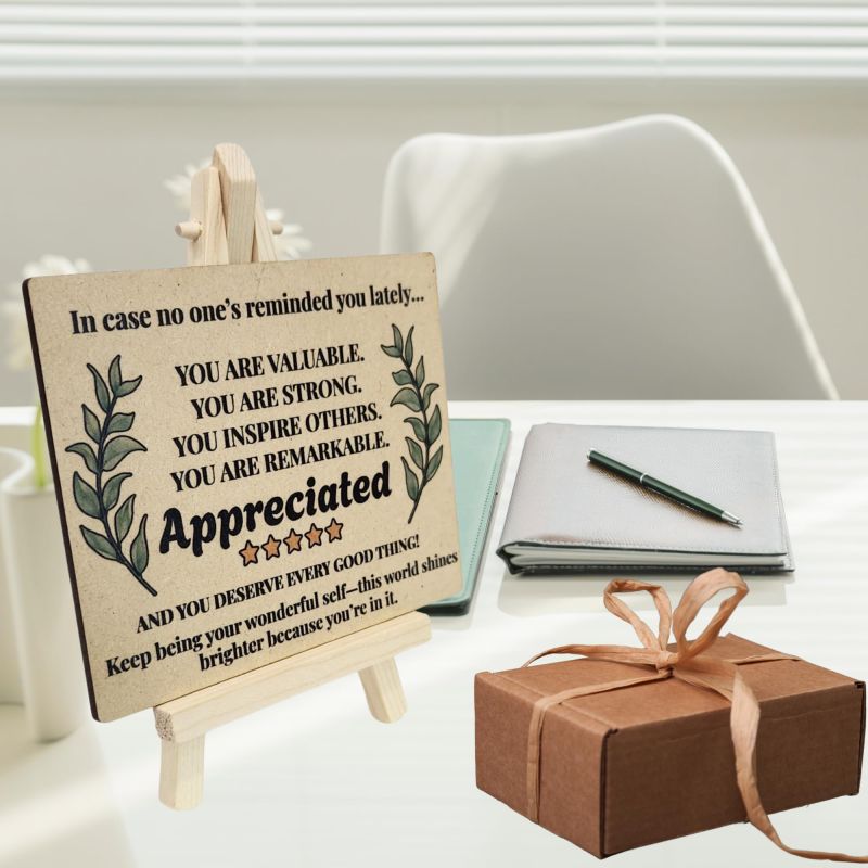 Information graphic from the Amazon listing for tinydabba Wooden Inspirational Desk Plaque with Easel
