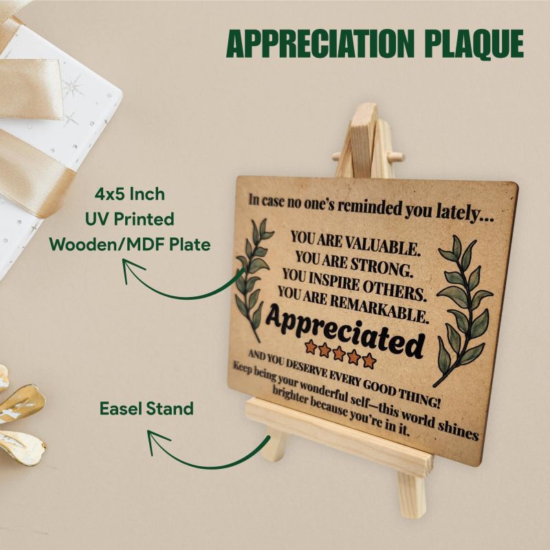 Information graphic from the Amazon listing for tinydabba Wooden Inspirational Desk Plaque with Easel