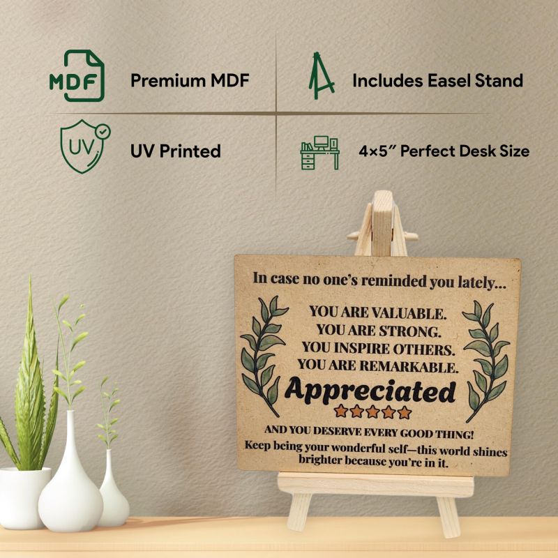 Information graphic from the Amazon listing for tinydabba Wooden Inspirational Desk Plaque with Easel