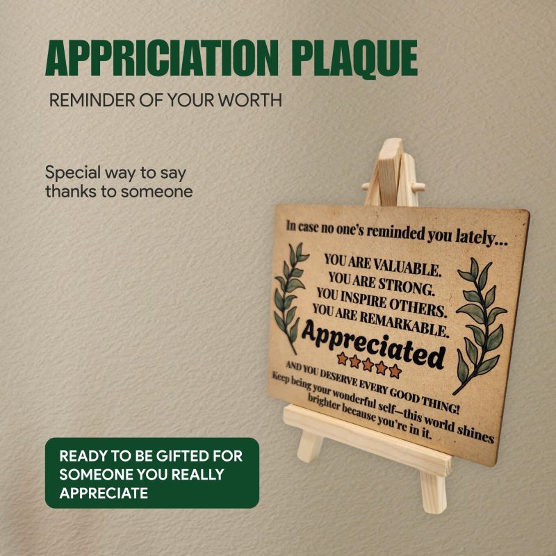 Information graphic from the Amazon listing for tinydabba Wooden Inspirational Desk Plaque with Easel