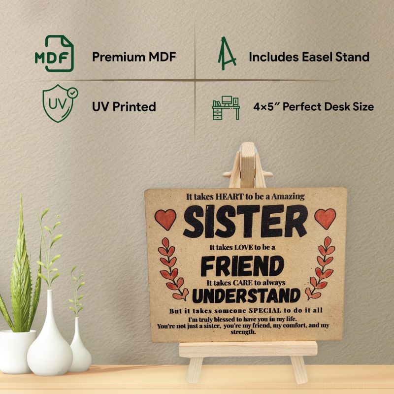 Information graphic from the Amazon listing for tinydabba Wooden Desk Plaque with Easel