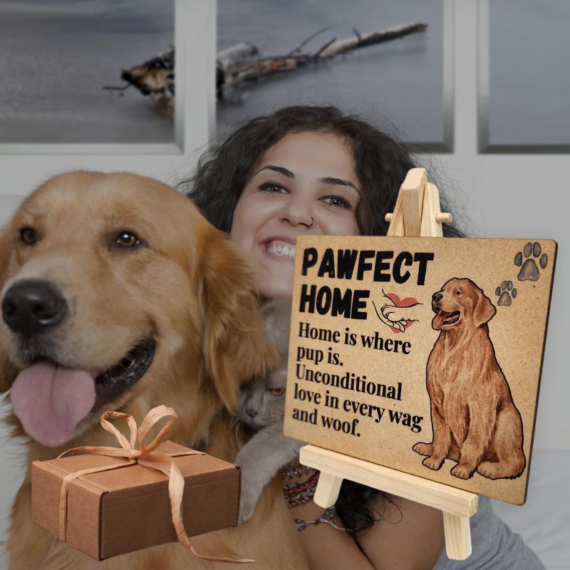 Information graphic from the Amazon listing for tinydabba Wooden Pawfect Home Plaque with Easel