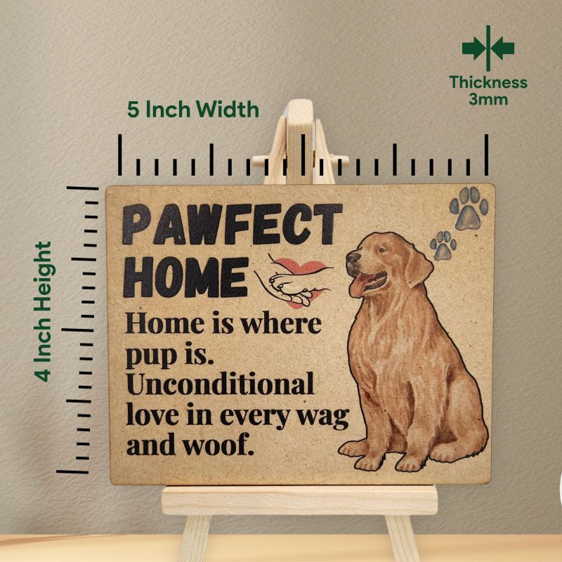 Information graphic from the Amazon listing for tinydabba Wooden Pawfect Home Plaque with Easel