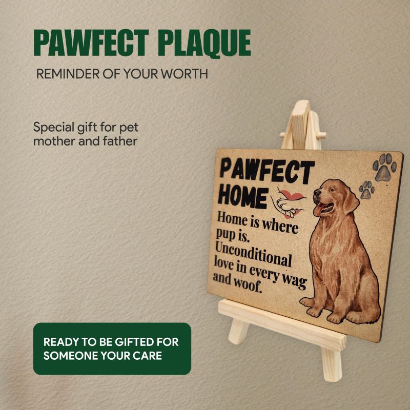 Information graphic from the Amazon listing for tinydabba Wooden Pawfect Home Plaque with Easel