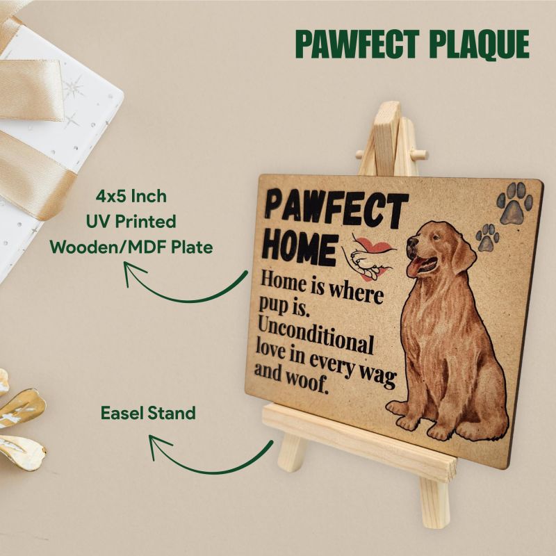 Information graphic from the Amazon listing for tinydabba Wooden Pawfect Home Plaque with Easel