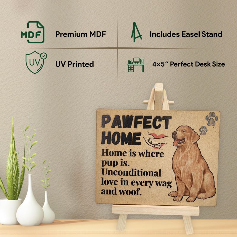 Information graphic from the Amazon listing for tinydabba Wooden Pawfect Home Plaque with Easel