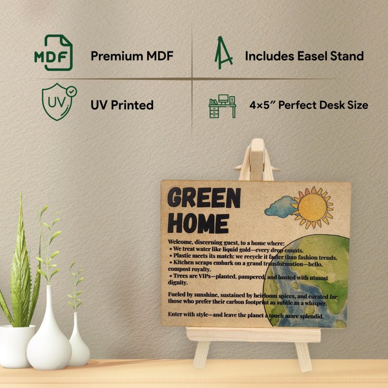 Information graphic from the Amazon listing for tinydabba Wooden Green Home Plaque with Easel