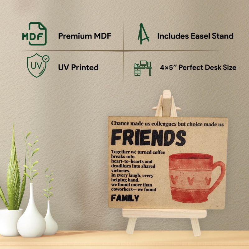 Information graphic from the Amazon listing for tinydabba Wooden Friends Plaque with Easel