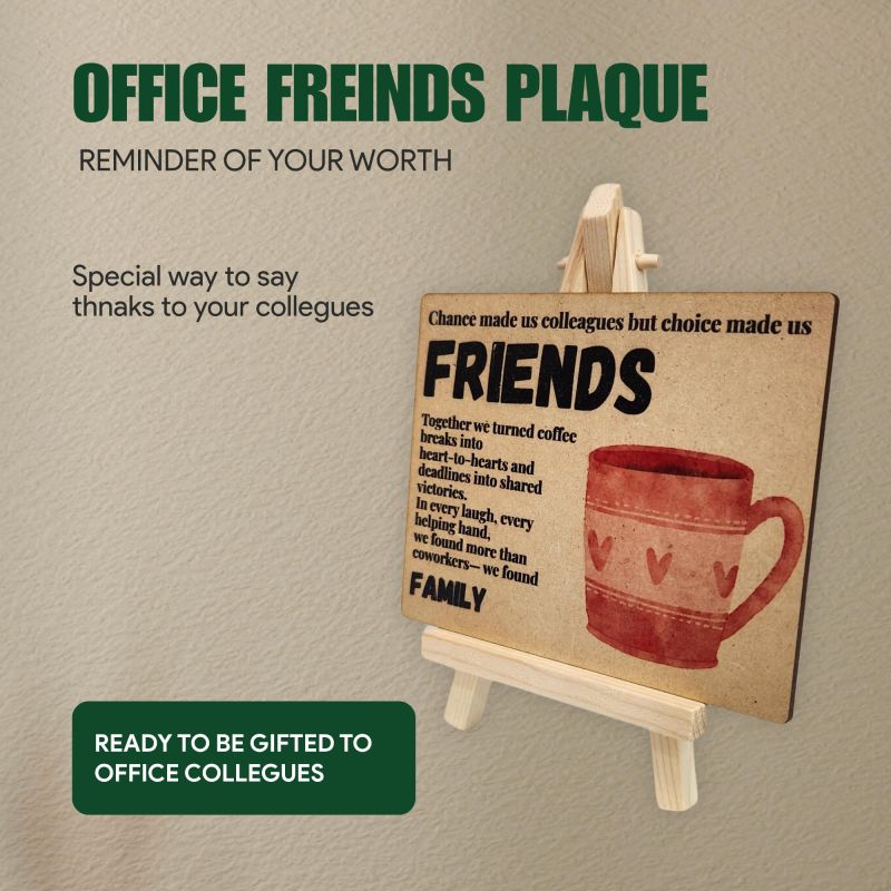 Information graphic from the Amazon listing for tinydabba Wooden Friends Plaque with Easel