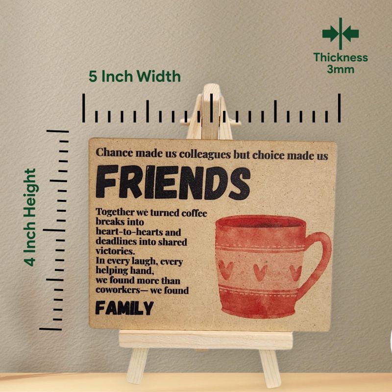 Information graphic from the Amazon listing for tinydabba Wooden Friends Plaque with Easel