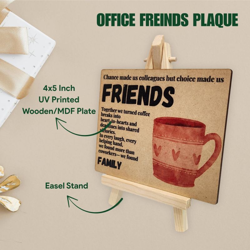 Information graphic from the Amazon listing for tinydabba Wooden Friends Plaque with Easel