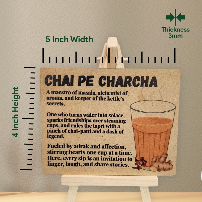 Information graphic from the Amazon listing for tinydabba Wooden Chai Pe Charcha Plaque with Easel