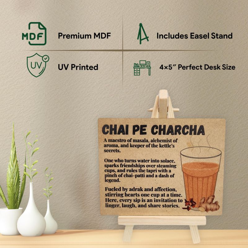 Information graphic from the Amazon listing for tinydabba Wooden Chai Pe Charcha Plaque with Easel