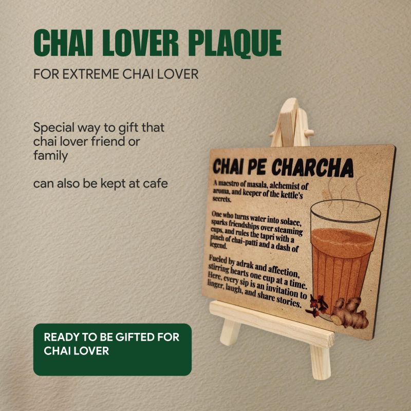 Information graphic from the Amazon listing for tinydabba Wooden Chai Pe Charcha Plaque with Easel