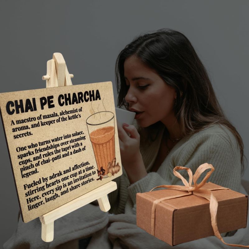 Information graphic from the Amazon listing for tinydabba Wooden Chai Pe Charcha Plaque with Easel