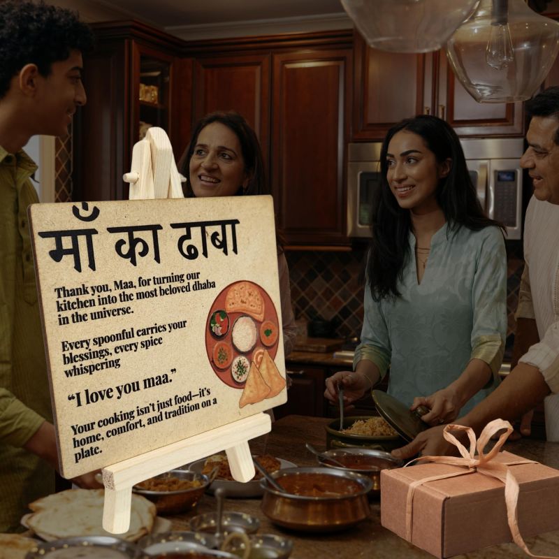 Information graphic from the Amazon listing for tinydabba Wooden “Maa ka Dhaba” Desk Plaque with Easel