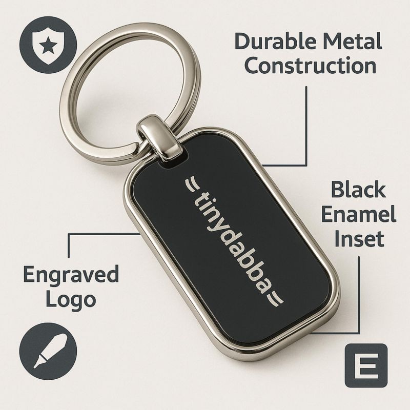 Information graphic from the Amazon listing for tinydabba Custom Engraved Metal Keychain