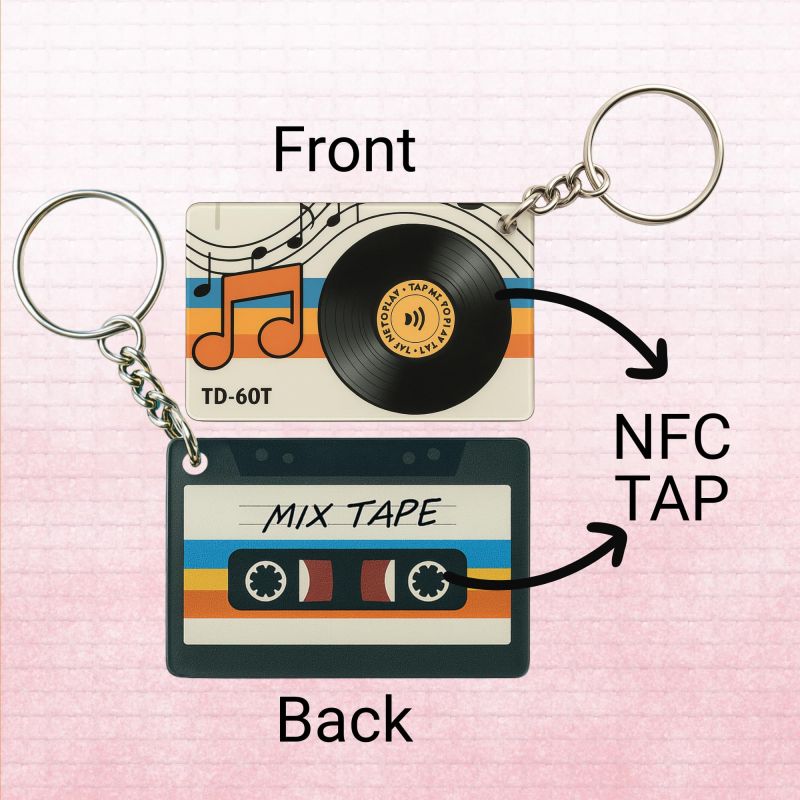 Information graphic from the Amazon listing for tinydabba NFC Mixtape Keychain