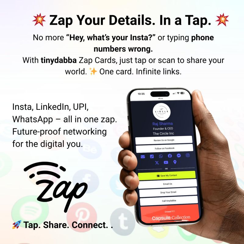 Information graphic from the Amazon listing for tinydabba Zap NFC Smart Digital Business Card