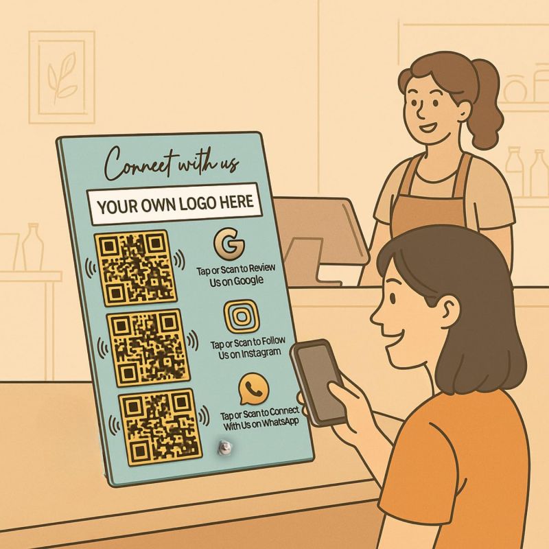 Information graphic from the Amazon listing for tinydabba Custom 3 QR & NFC Standee