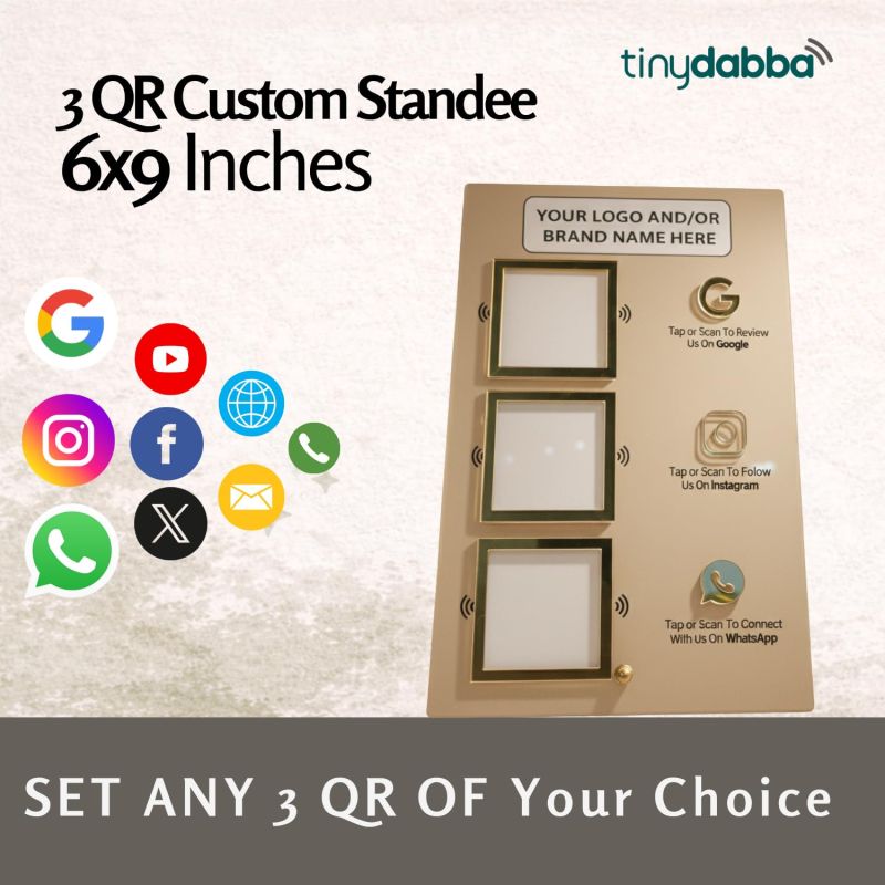 Information graphic from the Amazon listing for tinydabba Custom 3 QR & NFC Standee