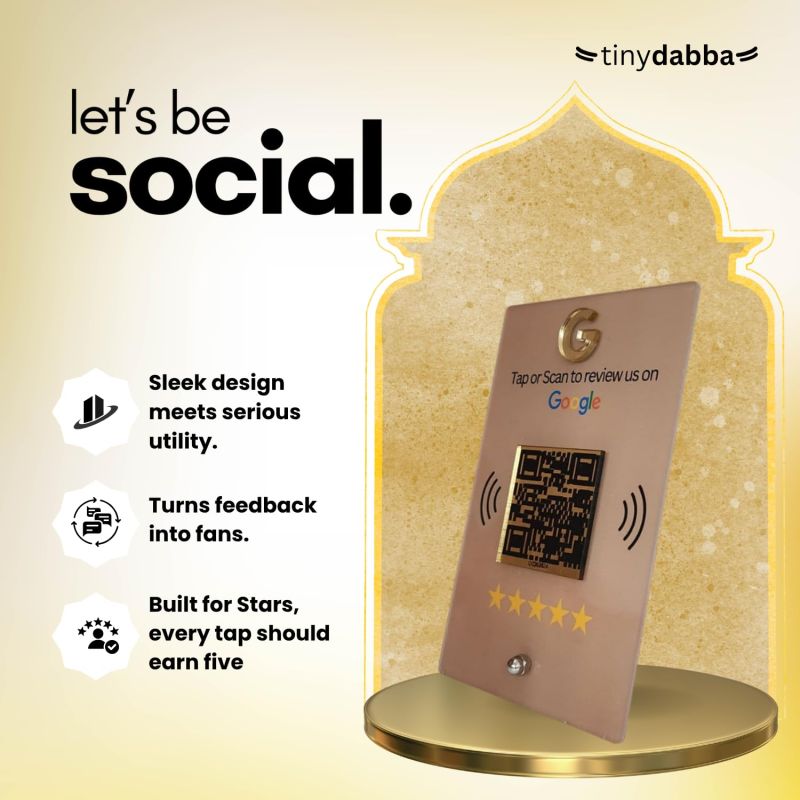 Information graphic from the Amazon listing for tinydabba NFC & QR Tap or Scan Standee for Business