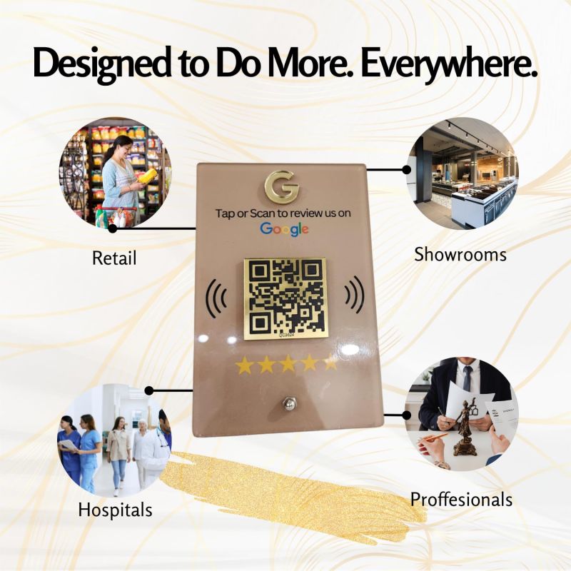 Information graphic from the Amazon listing for tinydabba NFC & QR Tap or Scan Standee for Business