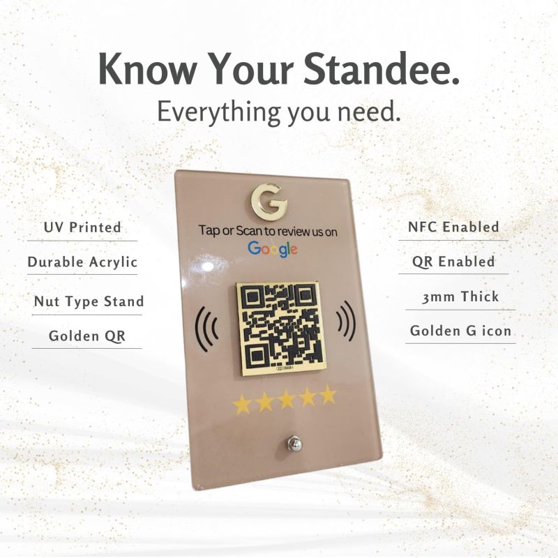 Information graphic from the Amazon listing for tinydabba NFC & QR Tap or Scan Standee for Business