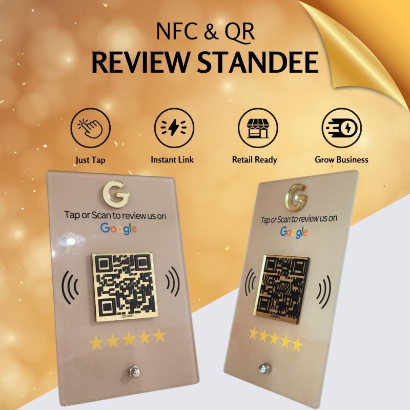 Information graphic from the Amazon listing for tinydabba NFC & QR Tap or Scan Standee for Business