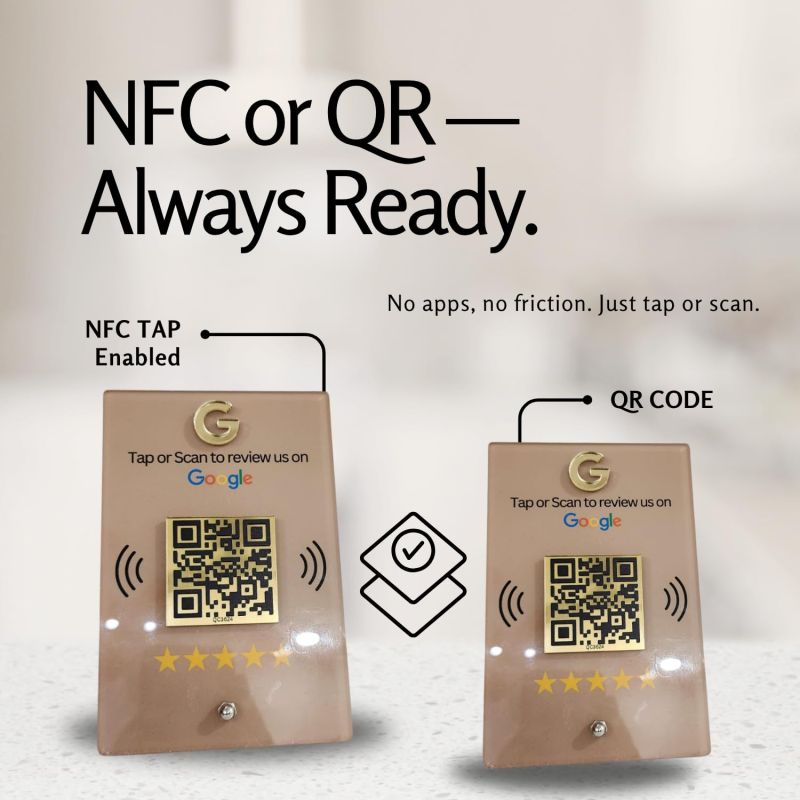 Information graphic from the Amazon listing for tinydabba NFC & QR Tap or Scan Standee for Business