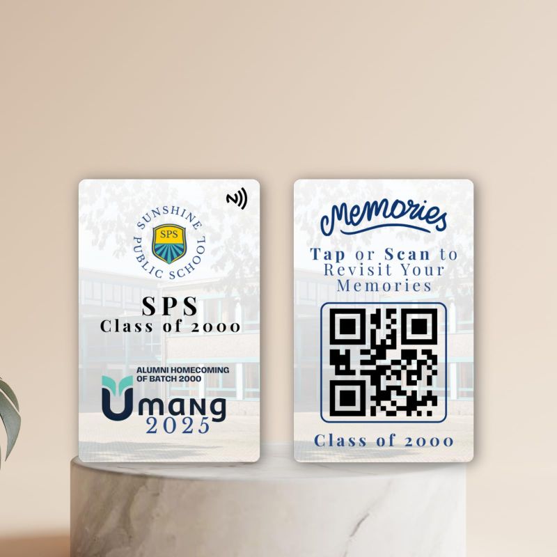Information graphic from the Amazon listing for tinydabba Custom Alumni Meet Keepsake Card with NFC & QR Code