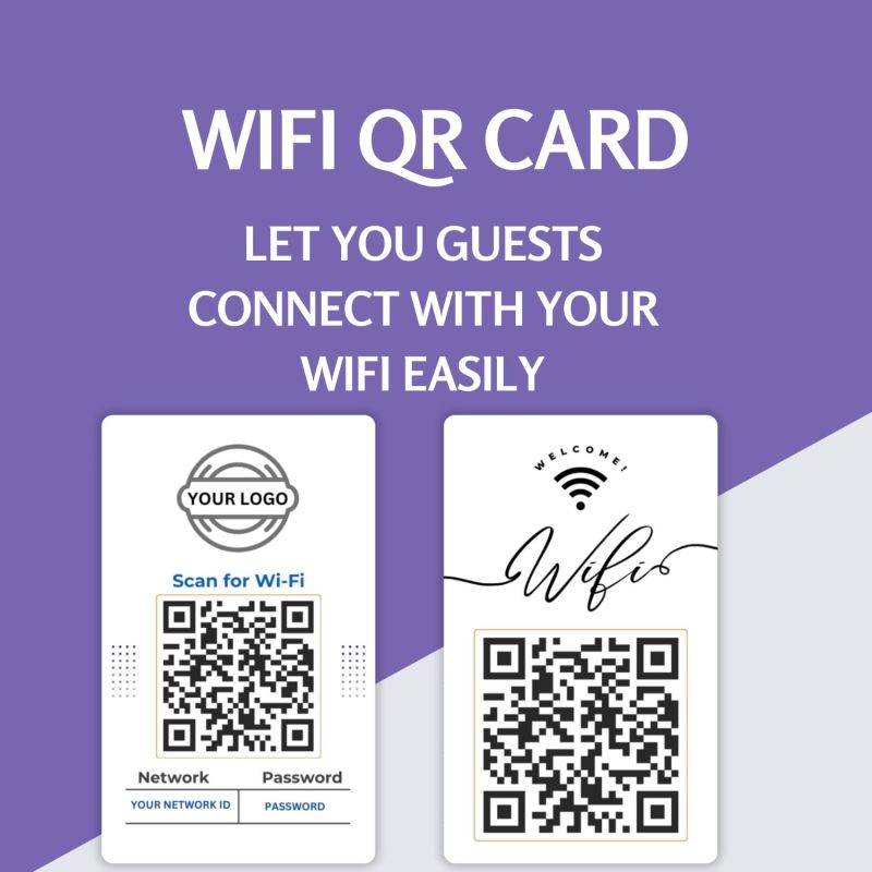 Information graphic from the Amazon listing for QR Code WiFi Password Card, UV Printed PVC, Easy Guest Network Access, Double-Sided