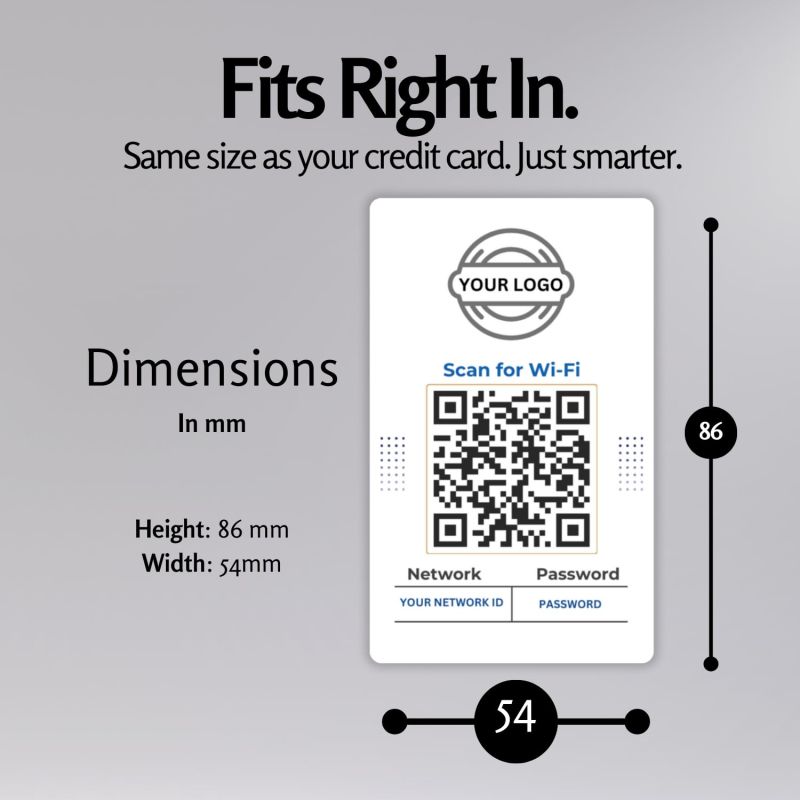 Information graphic from the Amazon listing for QR Code WiFi Password Card, UV Printed PVC, Easy Guest Network Access, Double-Sided