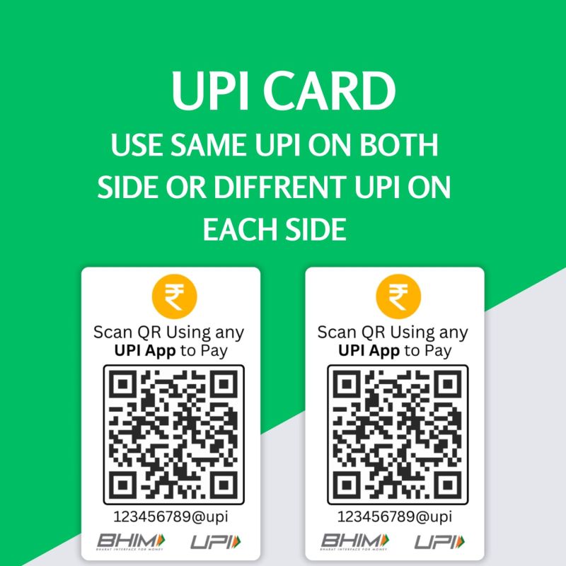 Information graphic from the Amazon listing for Custom Dual UPI QR Code Display Card, UV Printed, Front and Back Dual QR or Singel QR Support