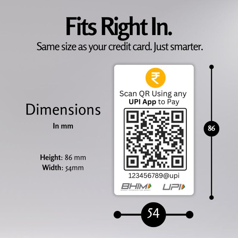 Information graphic from the Amazon listing for Custom Dual UPI QR Code Display Card, UV Printed, Front and Back Dual QR or Singel QR Support