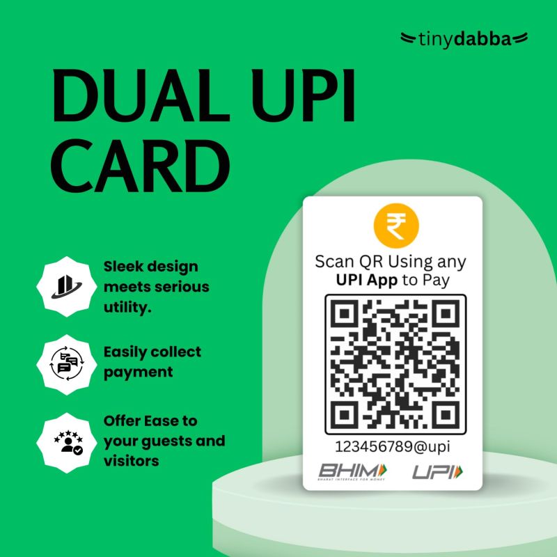 Information graphic from the Amazon listing for Custom Dual UPI QR Code Display Card, UV Printed, Front and Back Dual QR or Singel QR Support