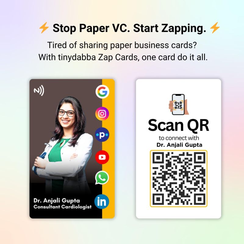 Information graphic from the Amazon listing for tinydabba Custom Photo Zap NFC Smart Digital Business Card for Doctors