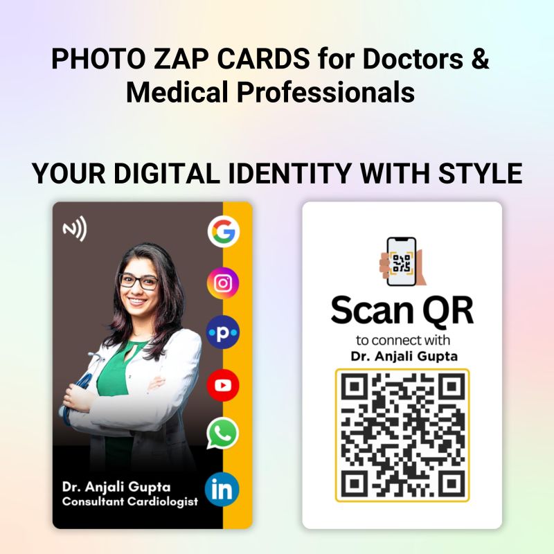 Information graphic from the Amazon listing for tinydabba Custom Photo Zap NFC Smart Digital Business Card for Doctors