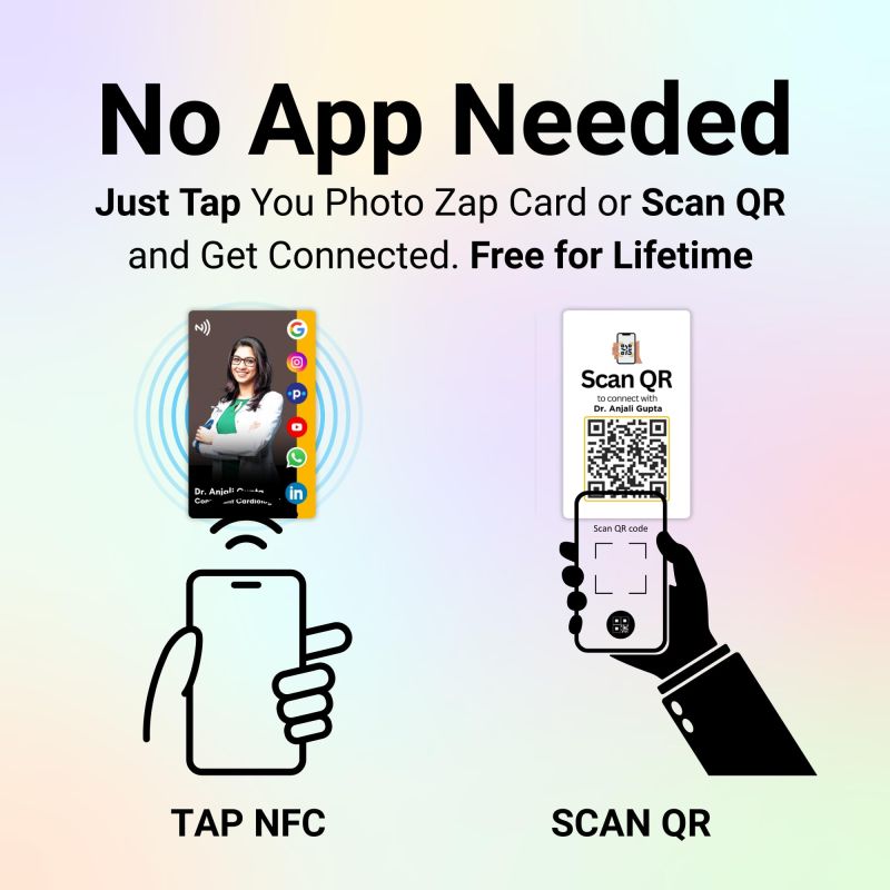 Information graphic from the Amazon listing for tinydabba Custom Photo Zap NFC Smart Digital Business Card for Doctors