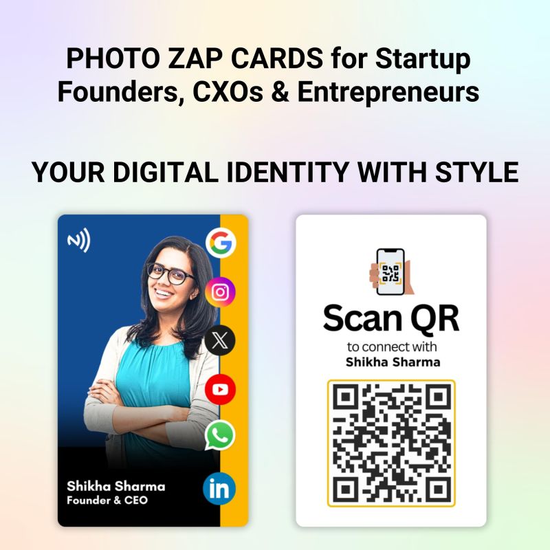 Information graphic from the Amazon listing for tinydabba Custom Photo Zap NFC Smart Digital Business Card for Founders