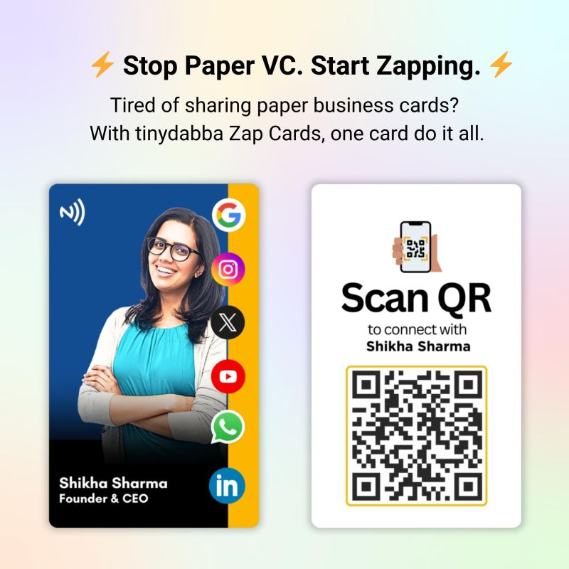 Information graphic from the Amazon listing for tinydabba Custom Photo Zap NFC Smart Digital Business Card for Founders