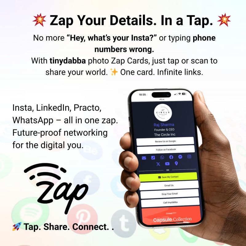 Information graphic from the Amazon listing for tinydabba Custom Photo Zap NFC Smart Digital Business Card for Founders