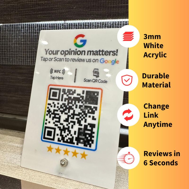 Information graphic from the Amazon listing for tinydabba White Acylic NFC Review Standee with QR Code