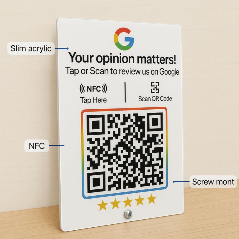 Information graphic from the Amazon listing for tinydabba White Acylic NFC Review Standee with QR Code
