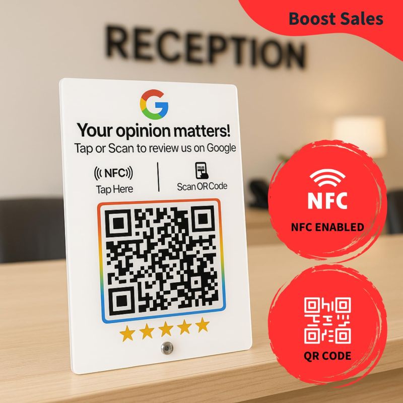 Information graphic from the Amazon listing for tinydabba White Acylic NFC Review Standee with QR Code