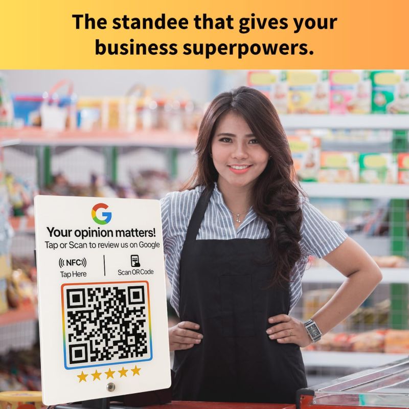 Information graphic from the Amazon listing for tinydabba White Acylic NFC Review Standee with QR Code