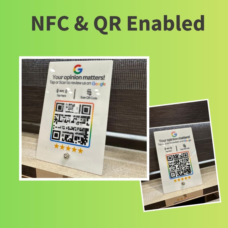 Information graphic from the Amazon listing for tinydabba White Acylic NFC Review Standee with QR Code